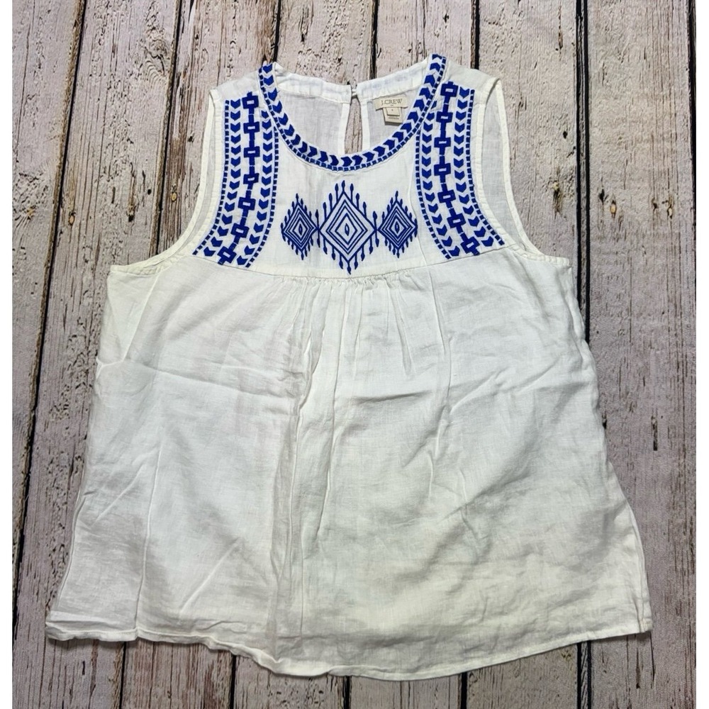 J crew white sleeveless top with‎ blue embroidery 6